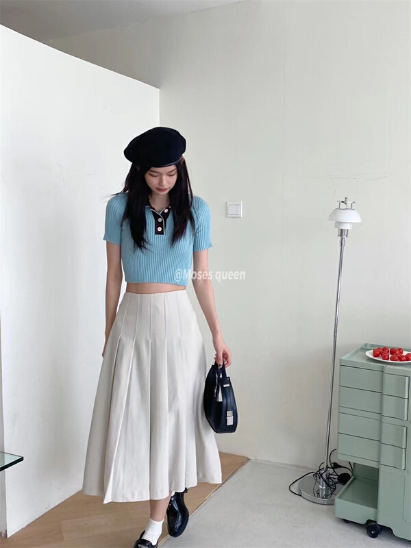 [moss queen] Korean color blocking thin exposed navel Polo short sleeve T-shirt 59009\zjy