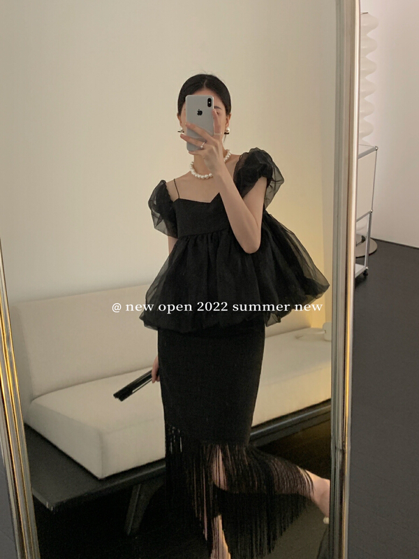 [new open] French Style Bubble Sleeve suspender, retro temperament, strapless, mesh blouse gb22635\zxx