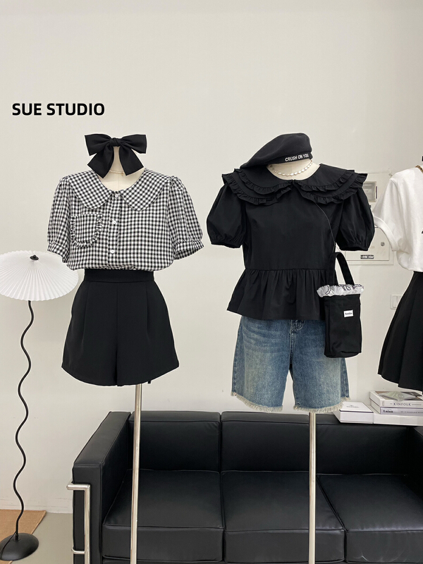 [Sue studio] fresh and simple aging double-layer baby collar shirt 22291\zjy