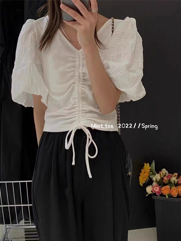 [mint tea] V-neck bubble sleeve drawstring short shirt ys1-22923\zjy