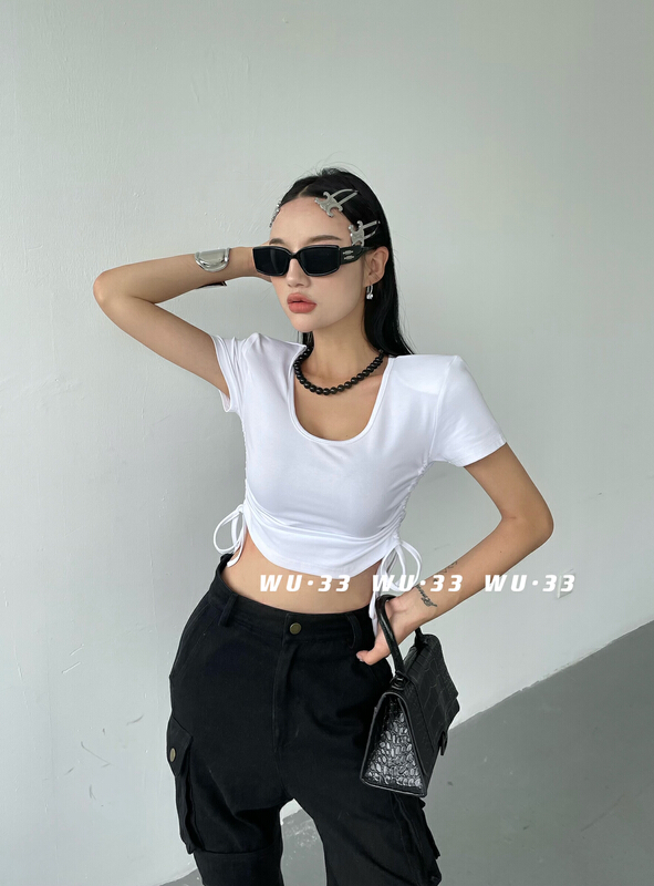 [wu.33] elastic Spice Girl drawstring short sleeve T-shirt ys1-22371\wtt
