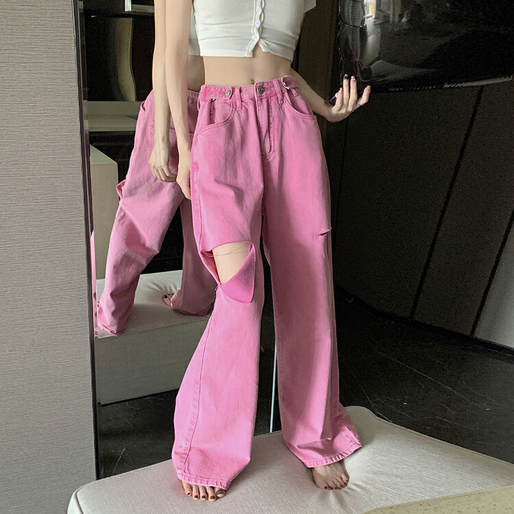 [timely rain] simple, fashionable, versatile, loose, broken hole, wide leg, floor dragging jeans n5309\wpl