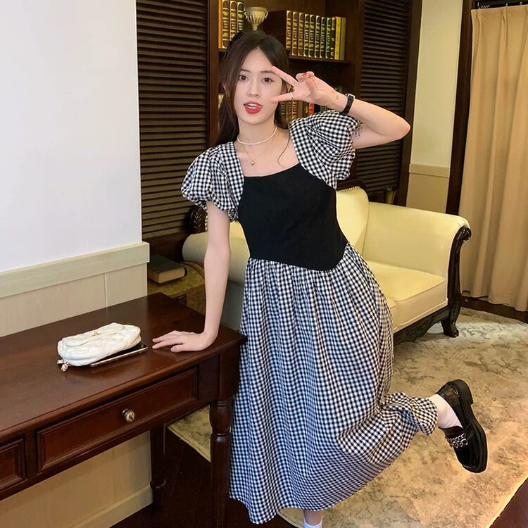 [Mimosa] Han Shu's patchwork Plaid Dress 1339\hjy