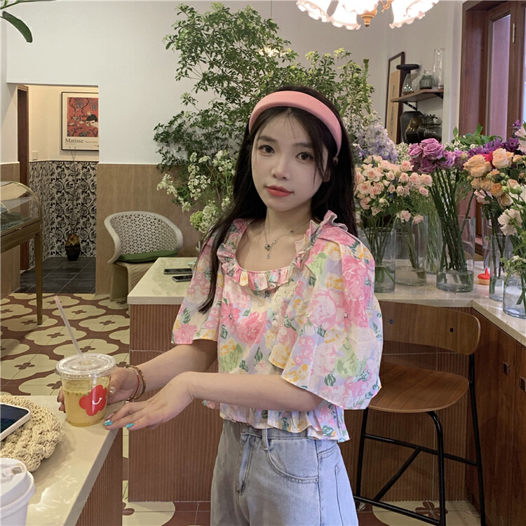 [dolly] sweet fungus edged square neck bubble sleeve flower shirt 5637\pcz