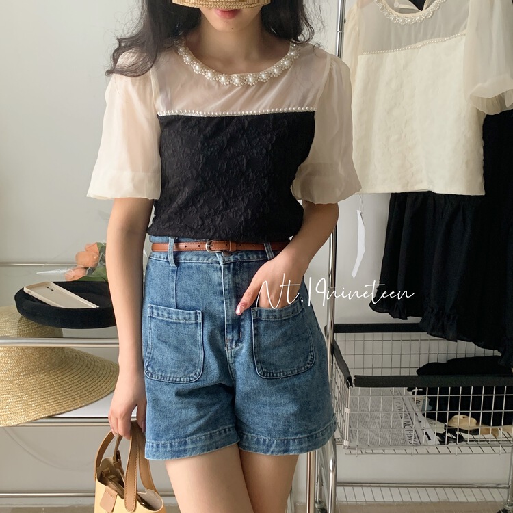 [19.nineteen] fashion heavy industry stitched pearl collar shirt 585\ll
