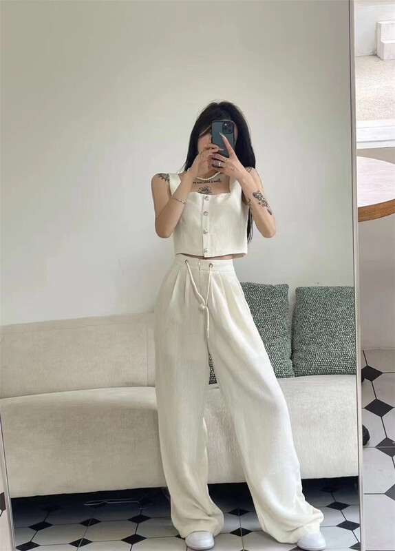 [mix] big brand simple square neck vest + high waist loose floor casual pants set 0253\wtt