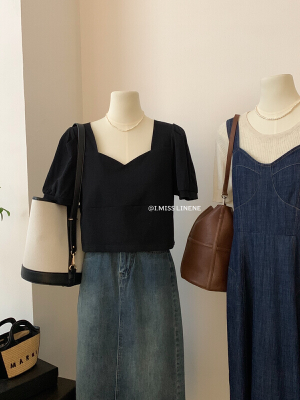 [Imiss] Korean version solid color bubble sleeve short short sleeve T-shirt cx3350\lsw