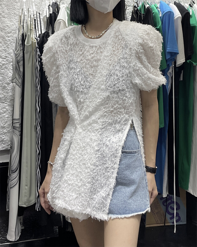 [naisha SDD] side button design round neck rough edge short sleeve T-shirt 8285\wtt