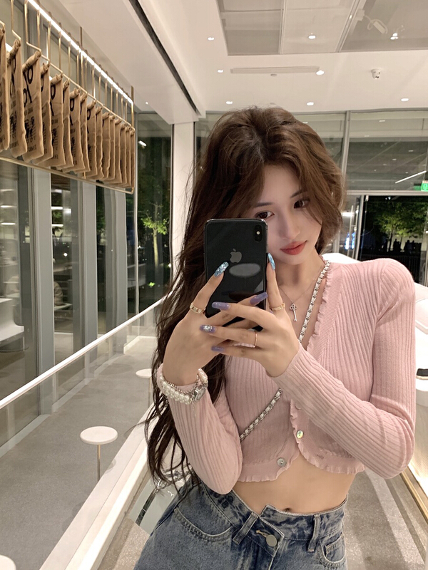 [f · P] Spice Girl V-neck solid color knitted cardigan 71011\hbx