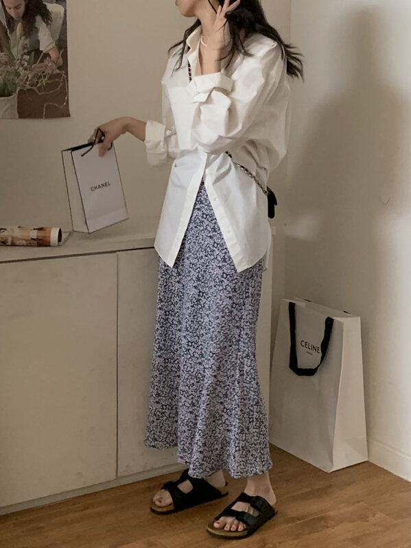 [Gabrielle] elastic waist Floral Chiffon Skirt b2203\zxl