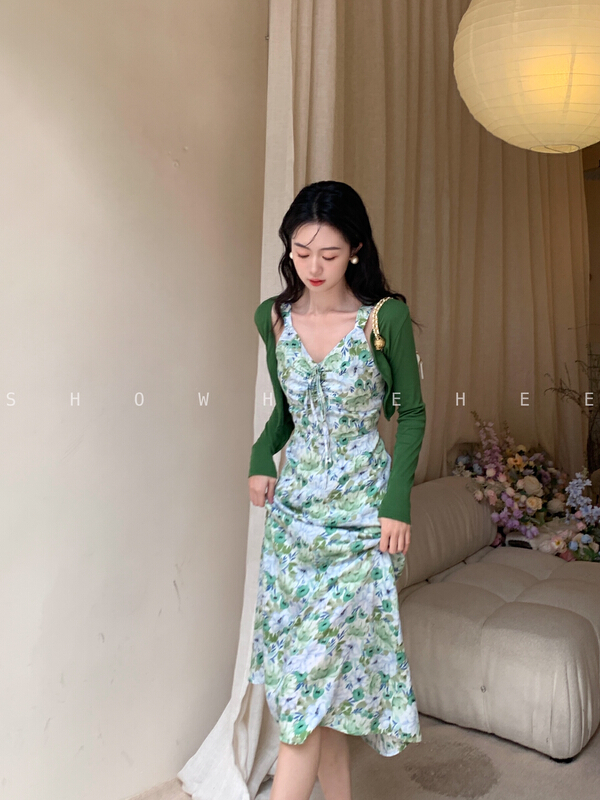 [xiuxixi] gentle temperament, high-level custom printed drawstring collar suspender dress 8133\jhy