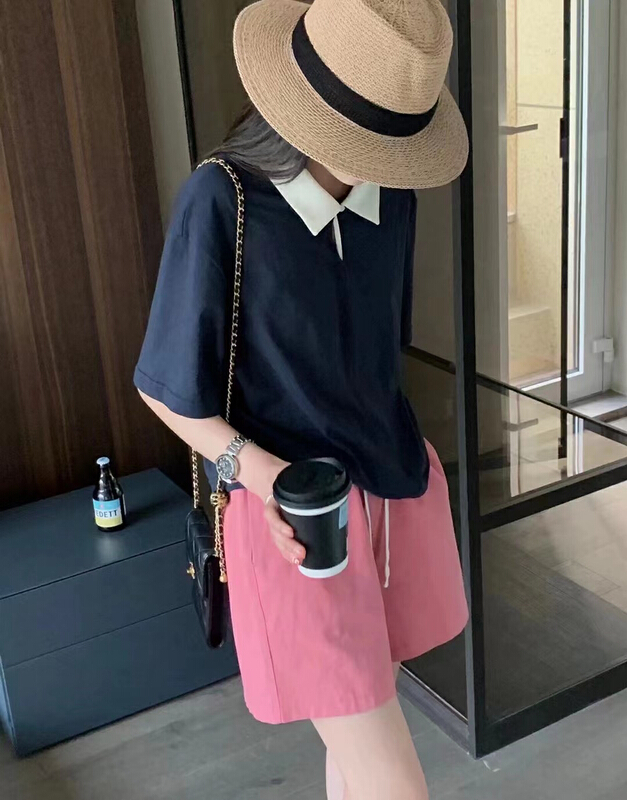 [Xiaolu family] chic button contrast polo shirt 80639\wtt