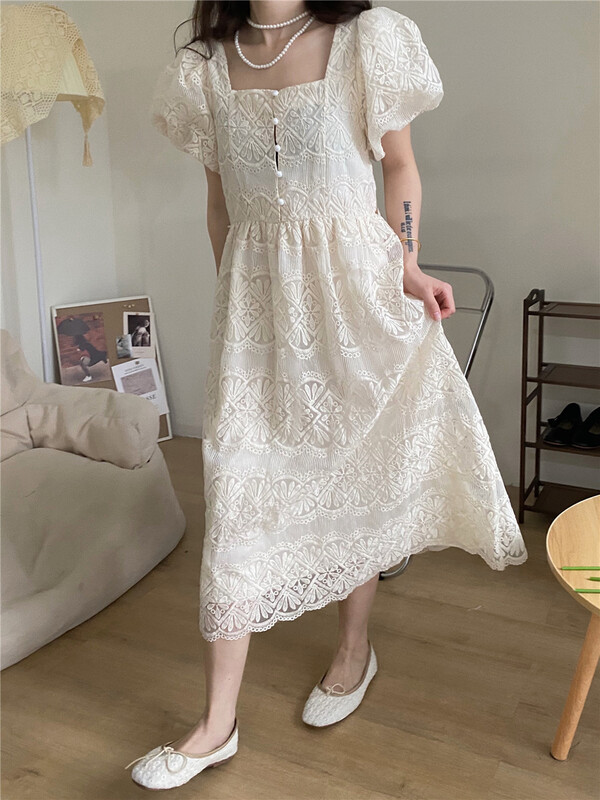 [sway] fresh and simple square neck shows thin solid lace dress 989\xyy