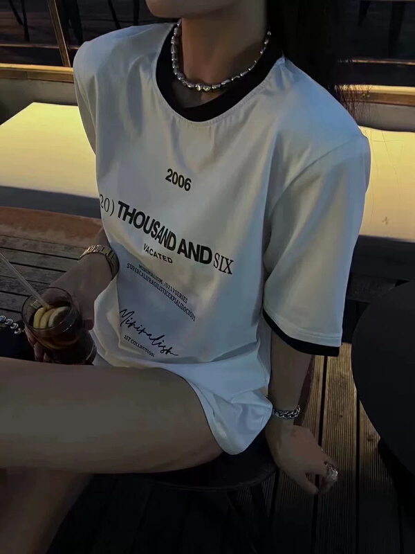 [9319] simple fashion contrast letter printed short sleeve T-shirt 9005\l
