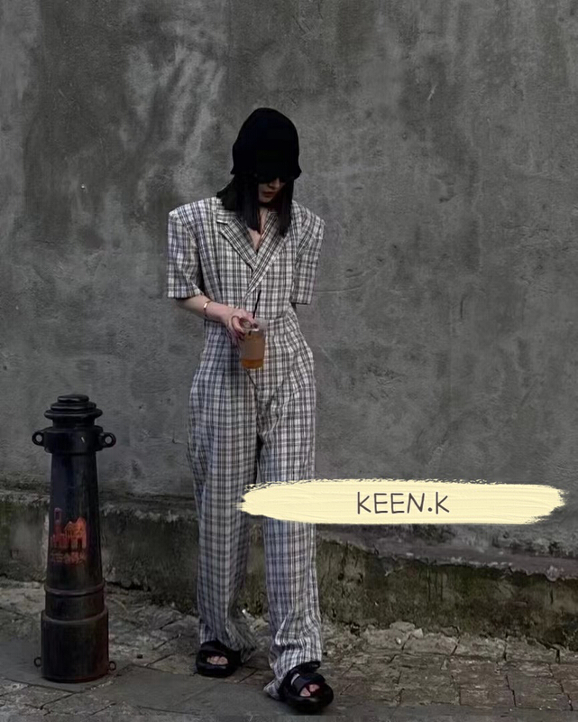 [keen k] grey checked V-neck loose Jumpsuit n59\wtt