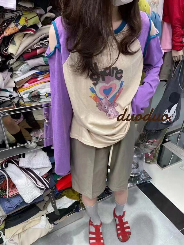 [new time /l&y home] contrast round neck love bear Print Long Sleeve T-shirt 3129\xyy