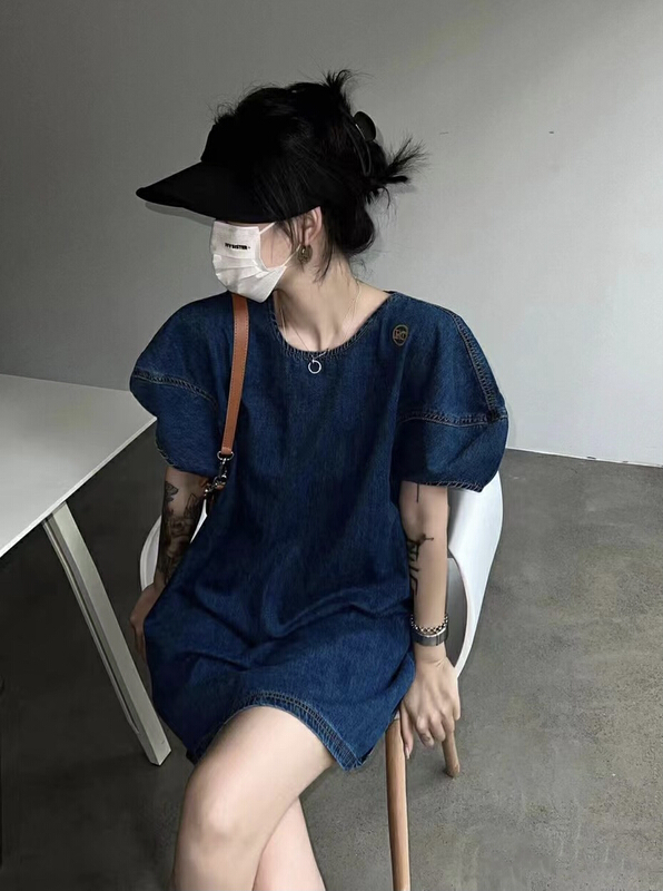 [jvv sister] round neck bubble sleeve denim dress ys1-2669\zxl