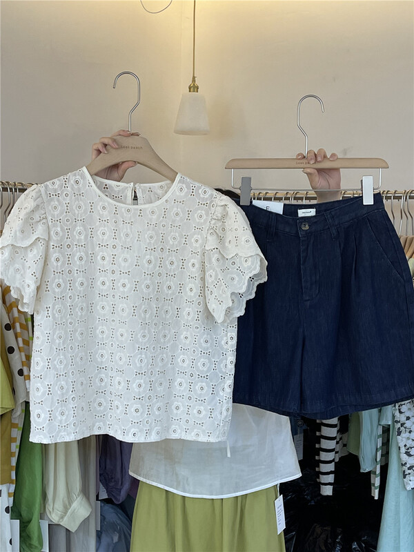 Live broadcast! [seek peach] round neck hollow out fashion blouse (only selling blouses) 5399\ll