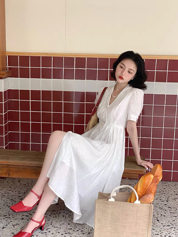[by] temperament high waist thin Lapel bubble sleeve split dress 7844\cl