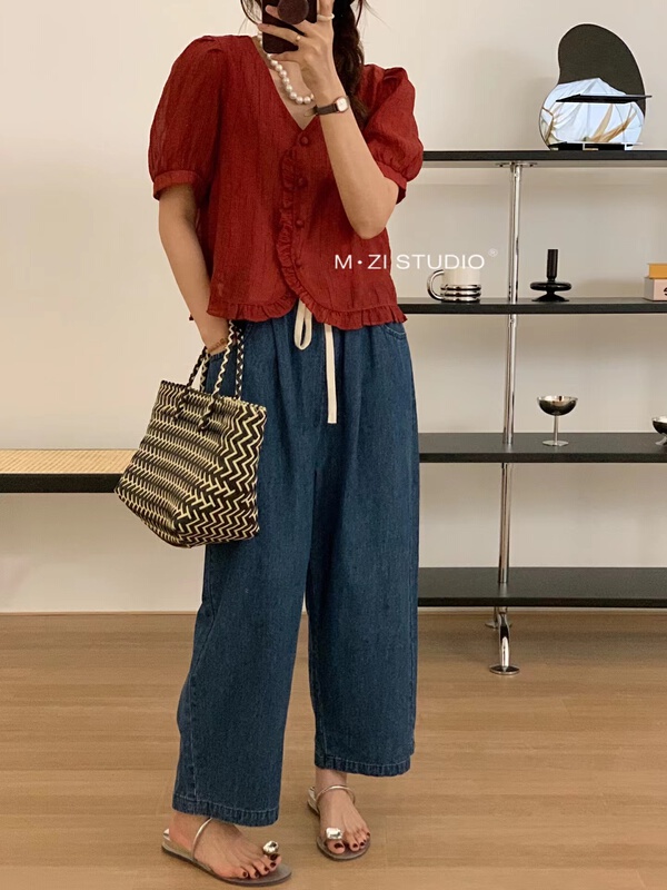 [m.zi studio] bubble sleeve simple single breasted shirt 5818\hbx