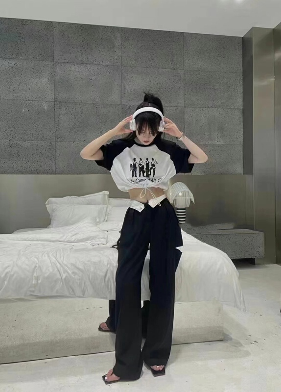 [Yan Zhen] simple casual shorts printed drawstring short sleeve T-shirt 98845\pcz