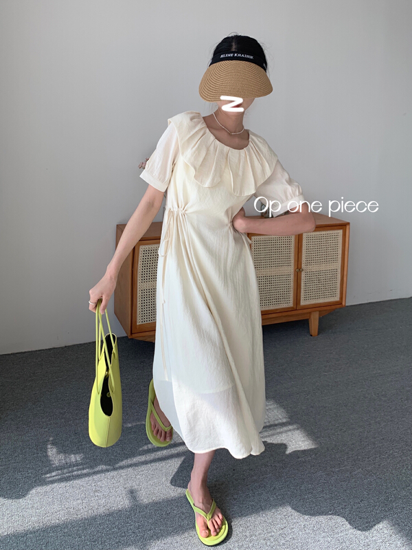 [OP one piece] Korean style lotus leaf collar solid color dress op3163\hjy