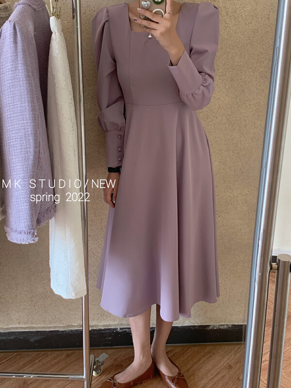 New year in early spring! [MK] French style elegant square neck bubble sleeve long dress 3129\hjy