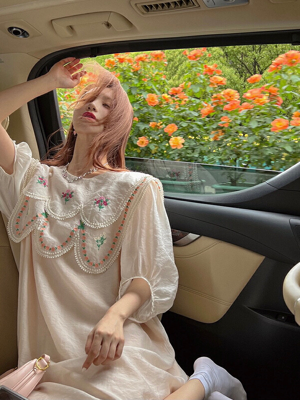 [YT] Flower Embroidered Baby collar loose dress ly5375\pcz