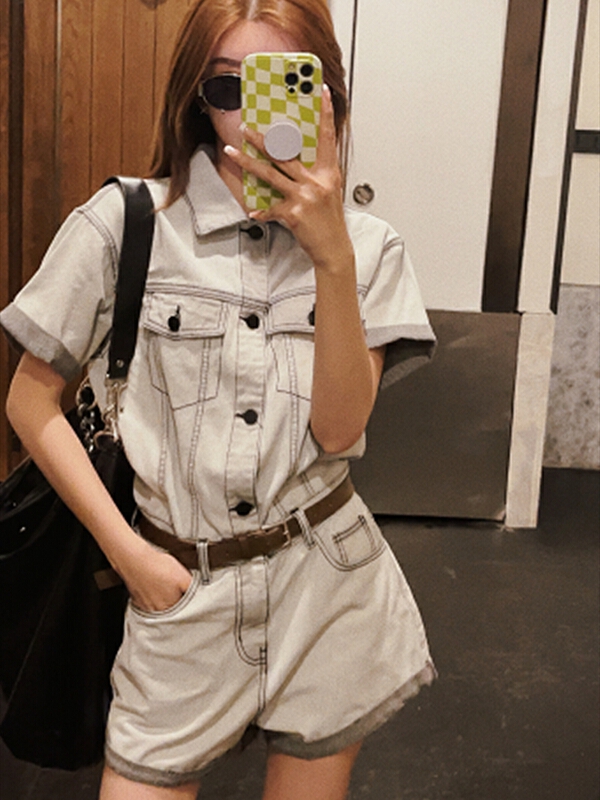 [c.h.z] high grade cement grey simple denim Jumpsuit (with belt) 90792\wtt