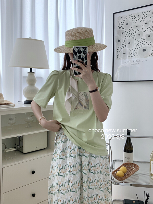[choco] Korean design fashion short sleeve T-shirt (with silk scarf) 8332\hbx