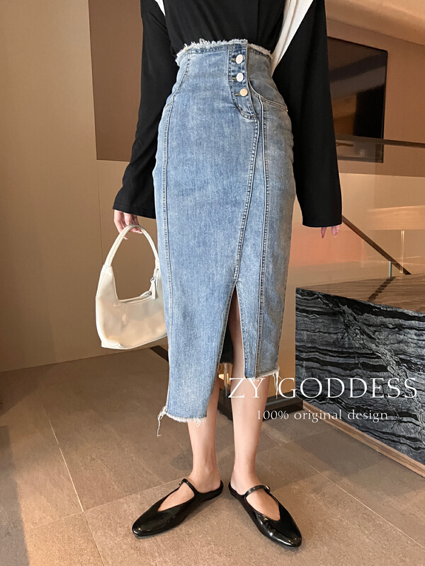 [ZY] vintage style worn-out jeans skirt with raw edge and slit (SLIM) j906\jhy