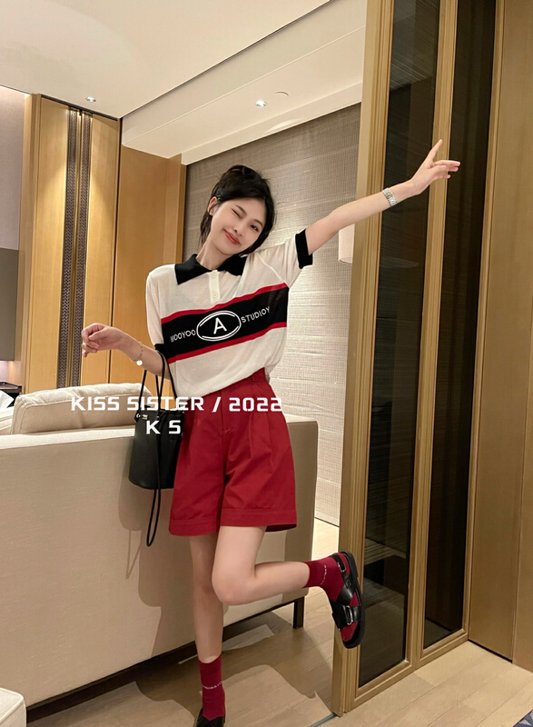 [kiss sister] fashion color blocking versatile T-shirt 22m8068\ozq