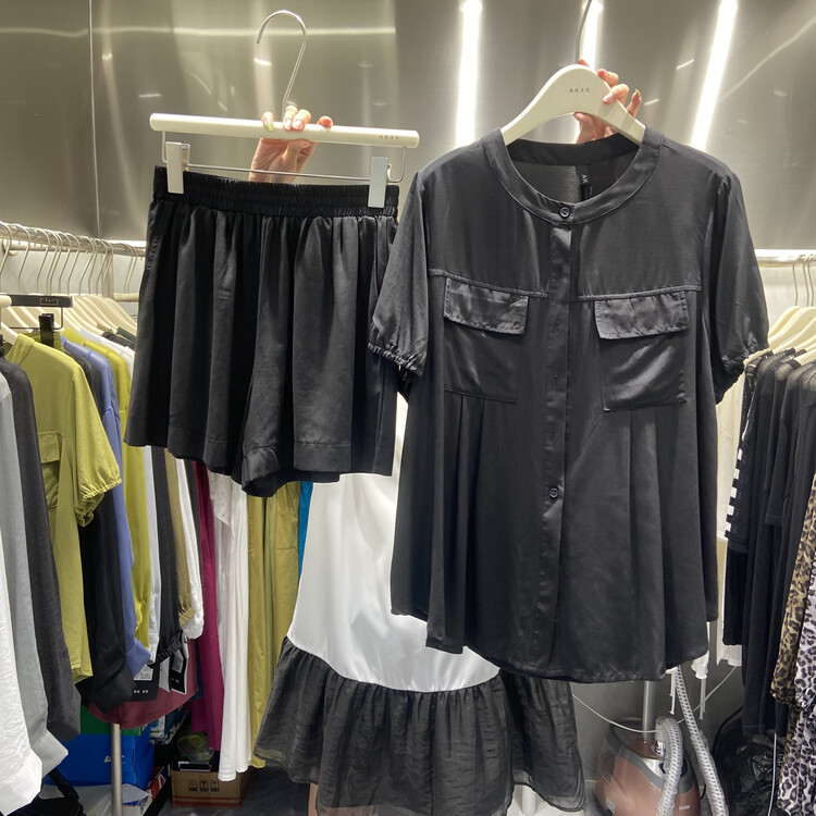 [akxk] Korean single breasted shirt + elastic waist casual Shorts Set 4778\l