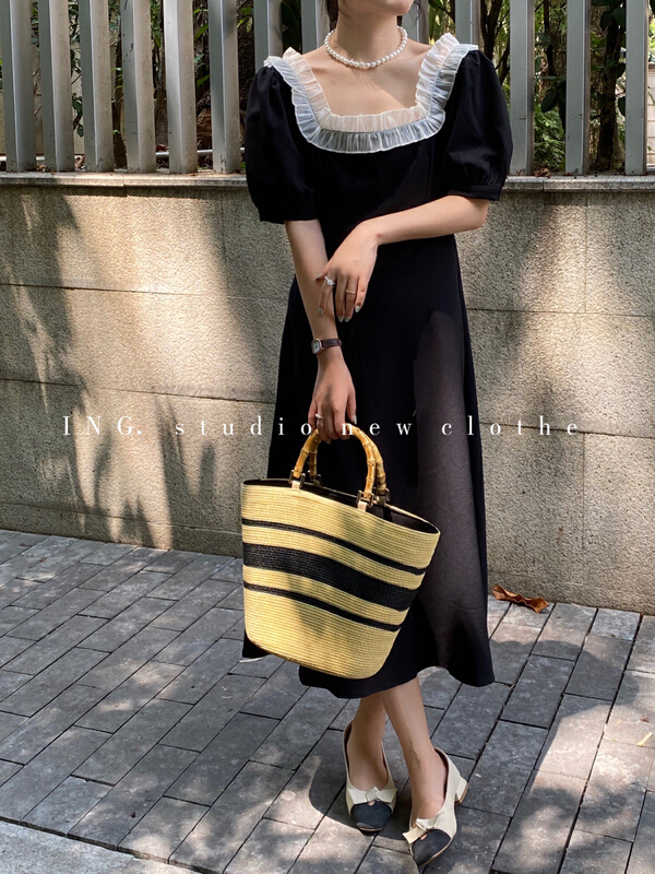 In early summer! [ing] French Style Lace square neck high waist thin bubble sleeve dress ing-7759\hbx