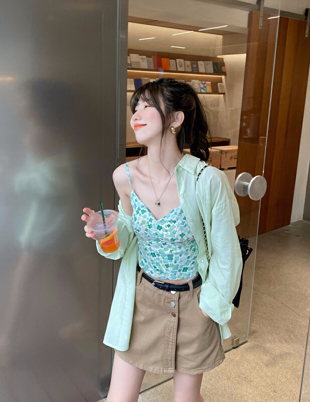 [y.jia EJA] sunscreen shirt floral suspender skirt suit (with belt) 6136