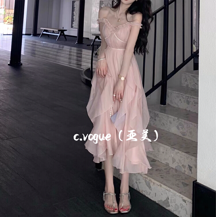 [c.vogue] temperament Xianqi fungus edge pink heavy industry suspender dress 3329\pcz