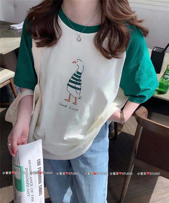 [rara] color blocking lazy retro short sleeve T-shirt 77055\lsl