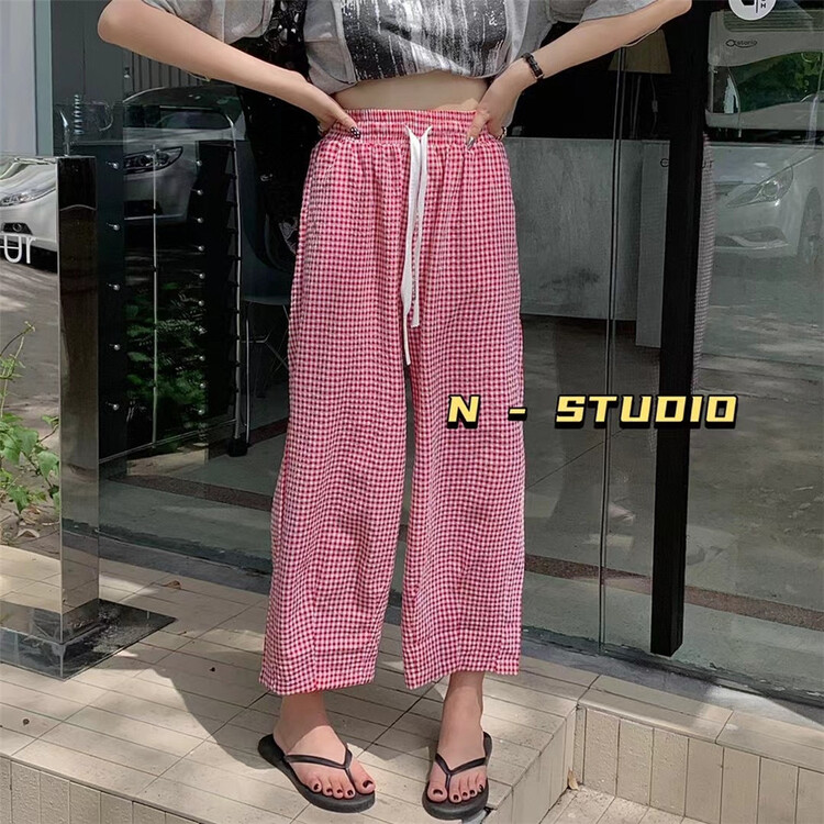【N】 Simple elastic waist Plaid lace up slacks 10025\wtt