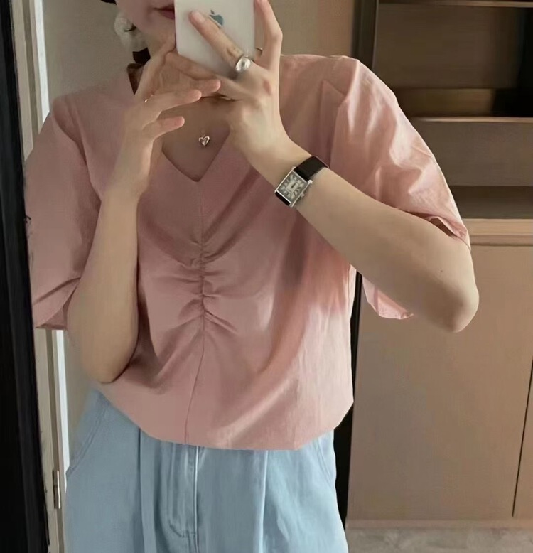 [m.zi studio] simple and slim V-neck short shirt 5831\hbx