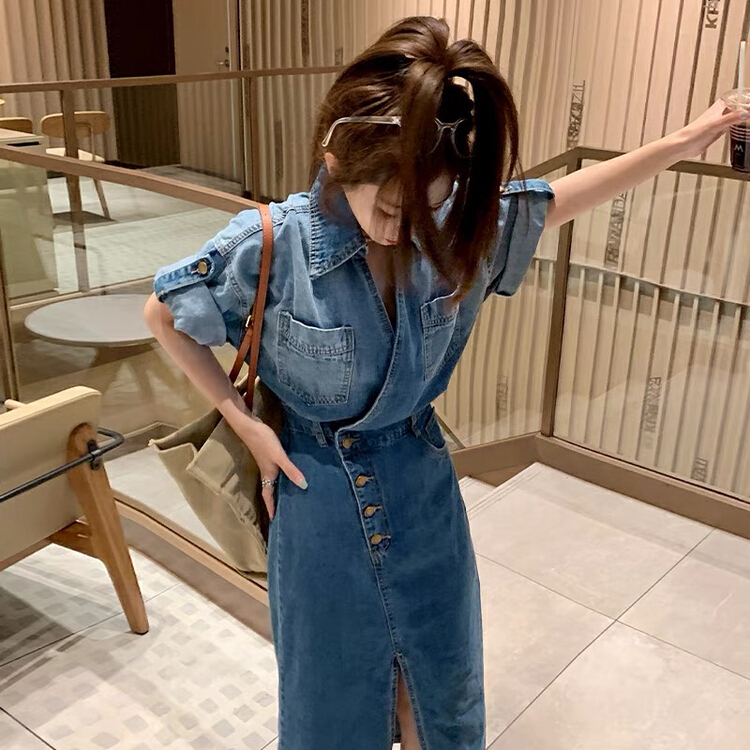 [Huaxi] chic design sense of minority waist closing denim gradient dress (with belt) 9158\pcz