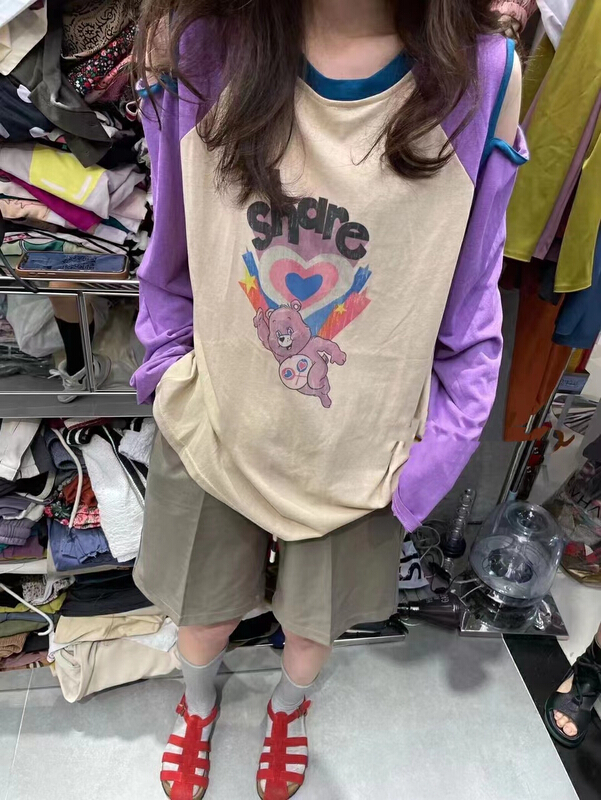 [Qixi] love little bear color blocking Raglan hollow out sunscreen shirt 8969-2\xyy