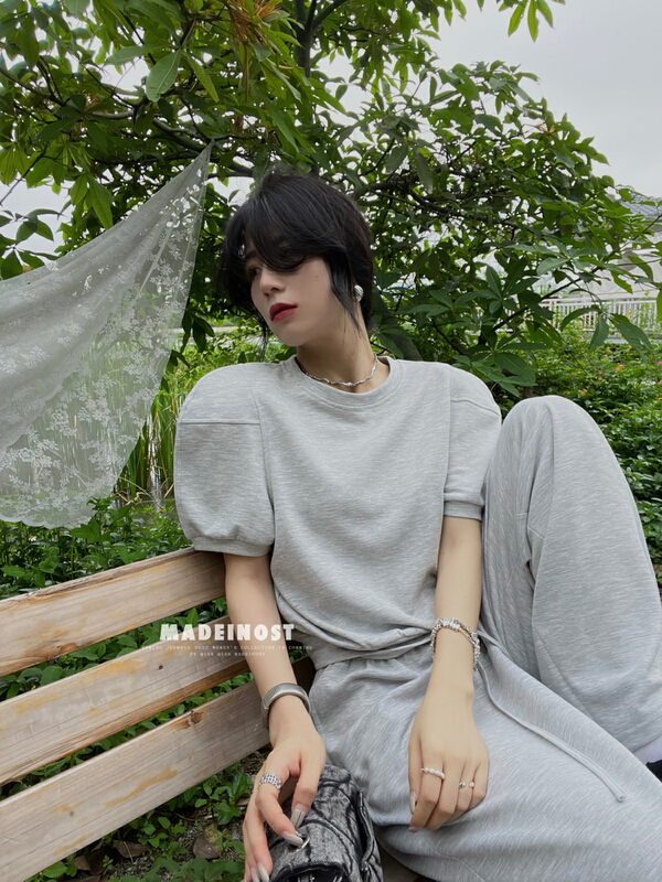 [OSHA madeinost] design sense right angle shoulder Casual Short Sleeve T-Shirt shoulder pad 86376