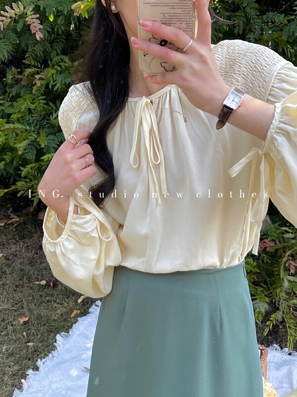 New year in early spring! [ing] design style versatile round neck lace up loose slim shirt 7597\zsy