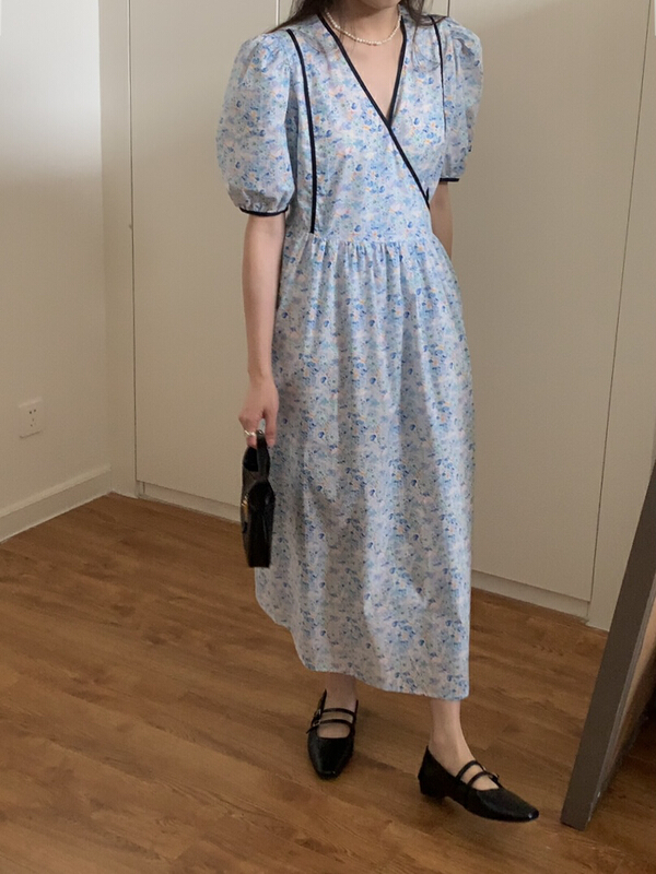 [Gabrielle] v-age collar small floral dress b2321\zxl