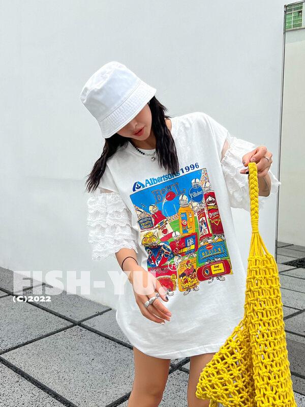 [fish Yu] snack drink bottle printed lace short sleeve T-shirt 22219