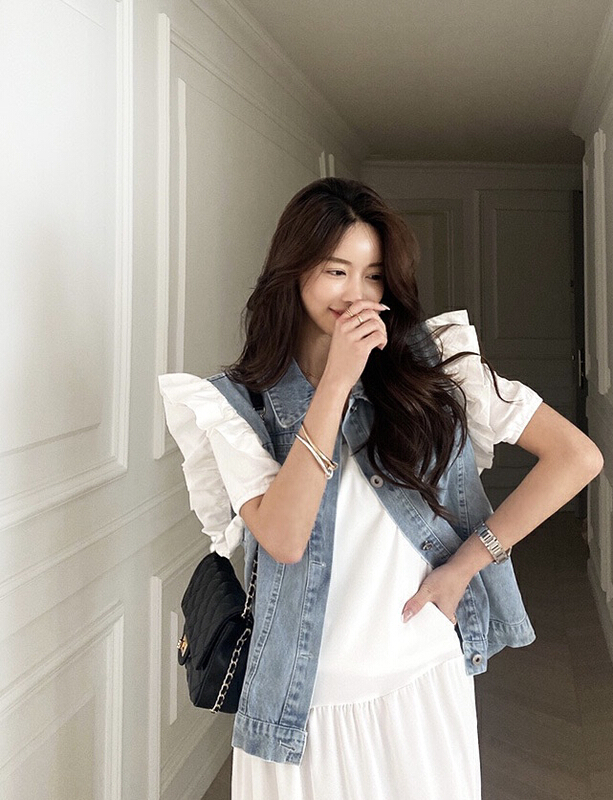 [keen k] Korean cowboy patchwork lace flying sleeve vest n61\wtt