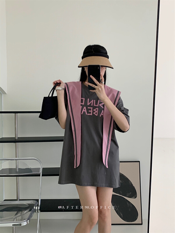 [after.90] contrast letter print round neck versatile short sleeve T-shirt (with shawl) 2502\ll