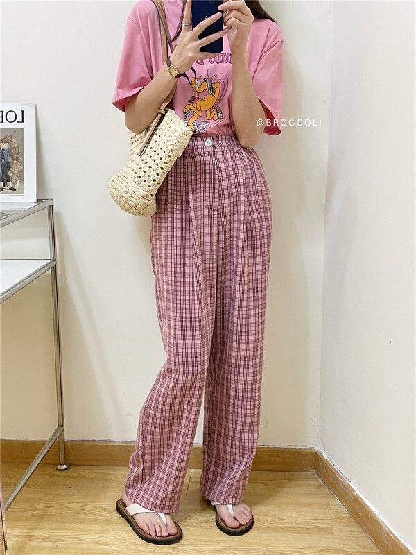 【 broccoli 】 Elastic Waist Wide Leg Plaid versatile casual pants 068\zjy