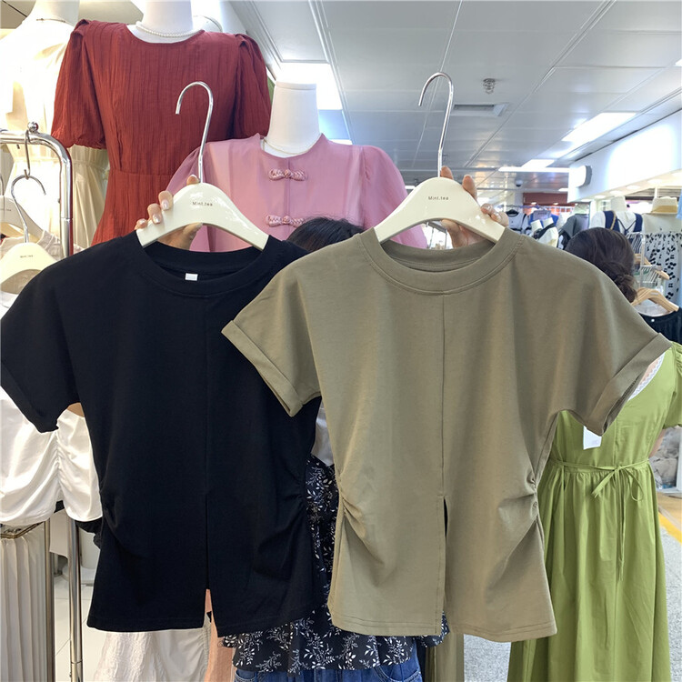 [mint tea] solid color split design versatile short sleeve T-shirt 22129\zjy