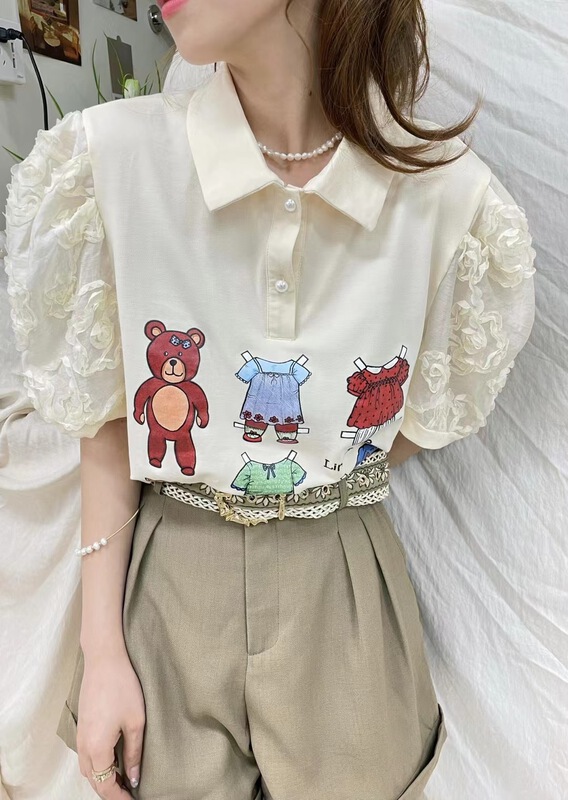 [ya.mei] cute cartoon printed pleated Lantern Sleeve short sleeve T-shirt 6341\ll